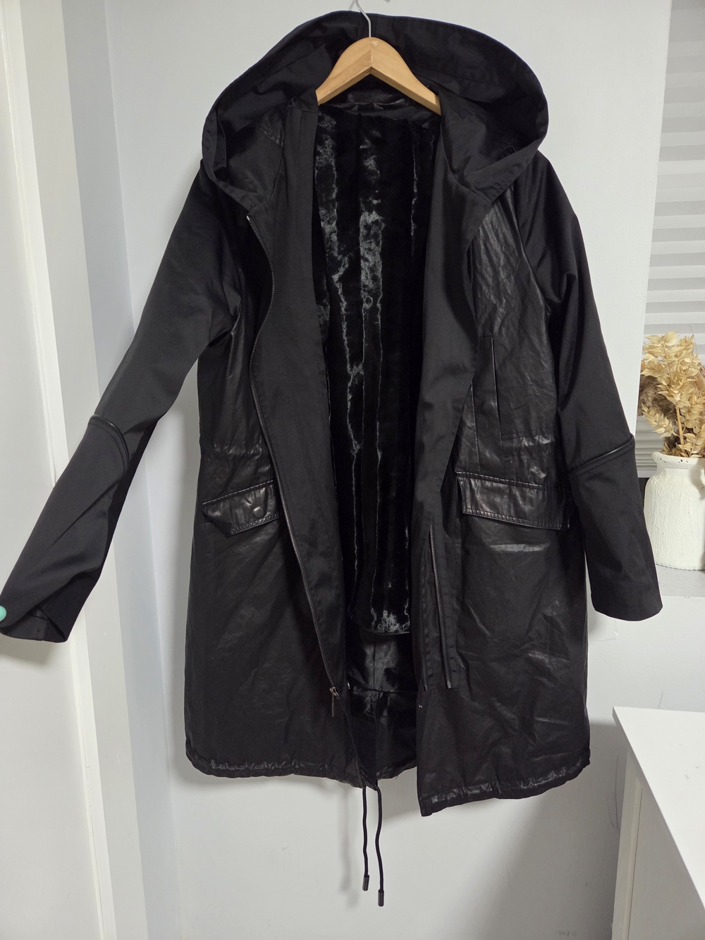 Vera Wang Black Hooded Trench Coat with Faux-Fur Lining